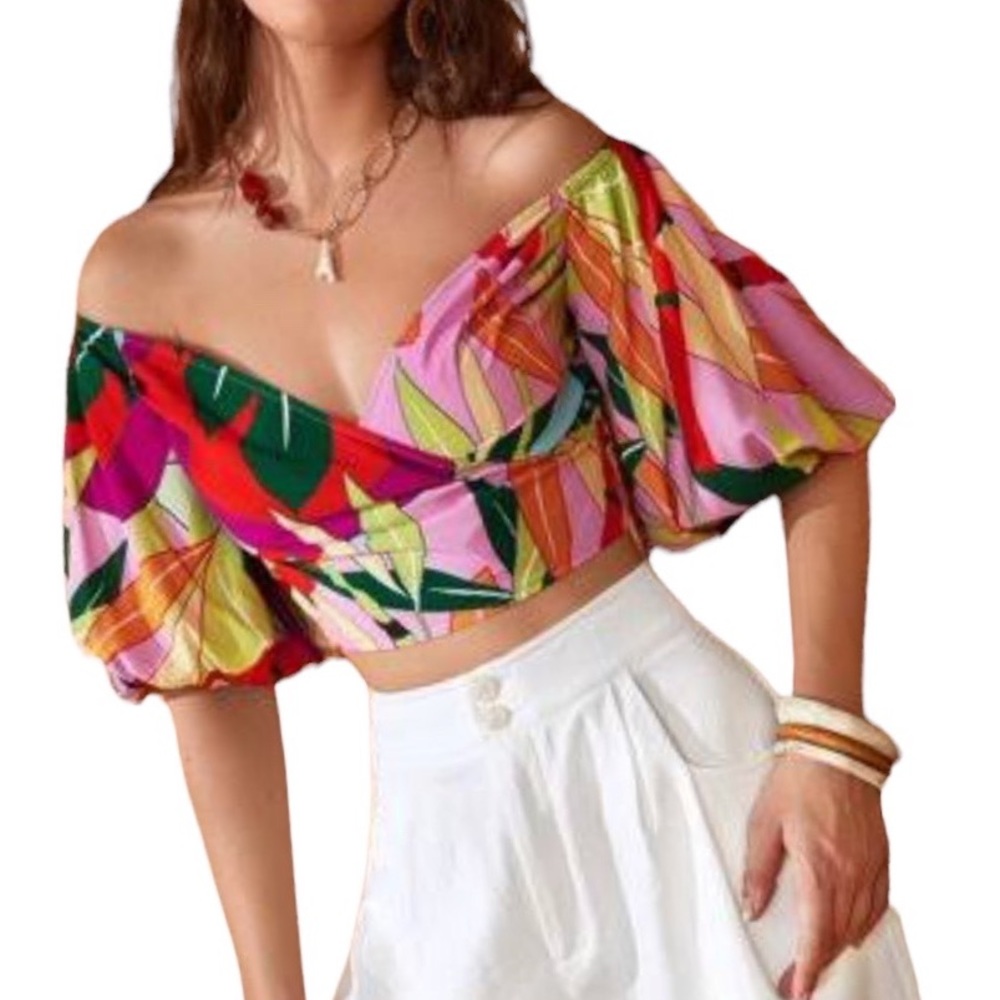 SHEIN off the shoulder puff sleeve crop top